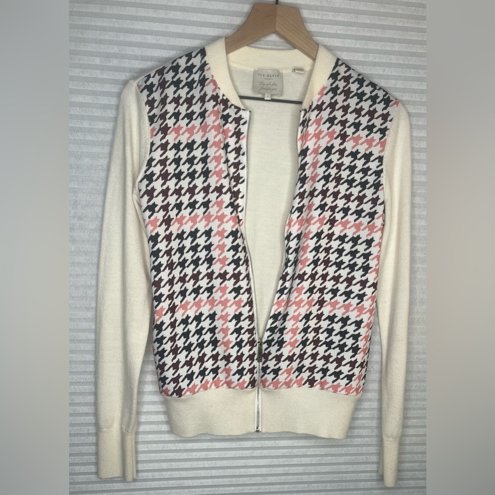 Ted Baker London Houndstooth zip up bomber sweater jacket full zip size 1 US 4 - Picture 9 of 10